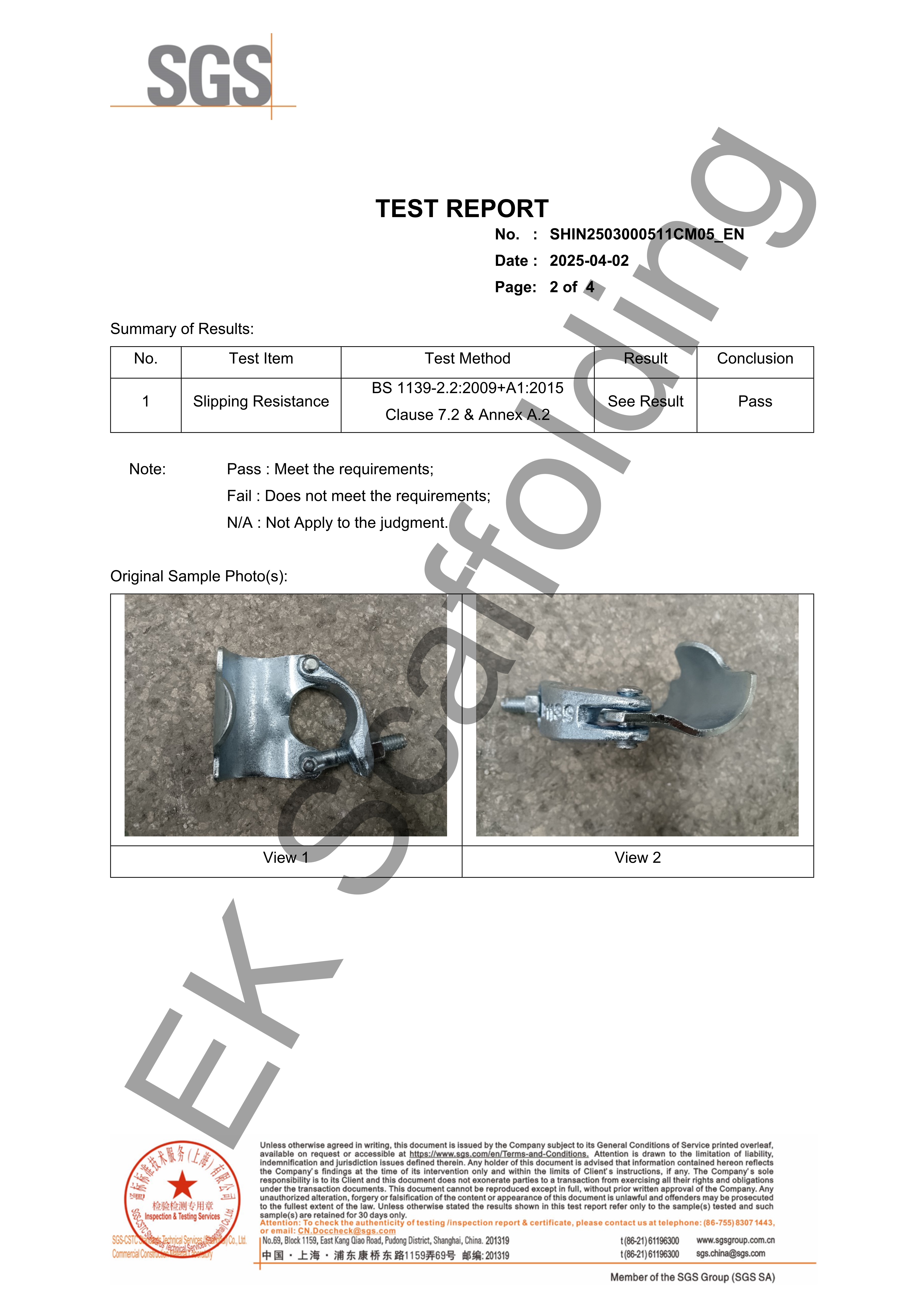 Putlog Coupler SGS Report Relatório SGS do acoplador Putlog