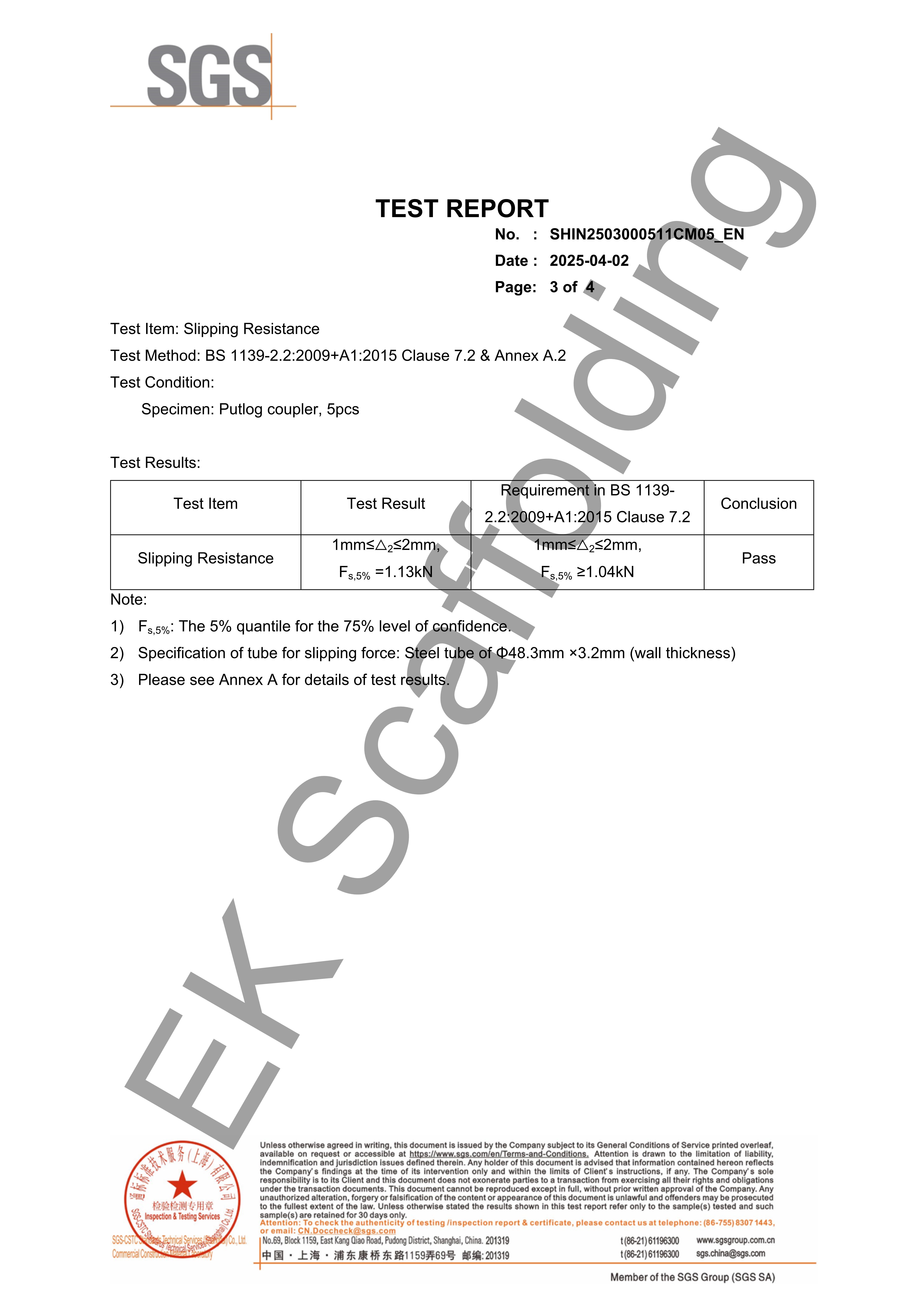 Putlog Coupler SGS Report Relatório SGS do acoplador Putlog